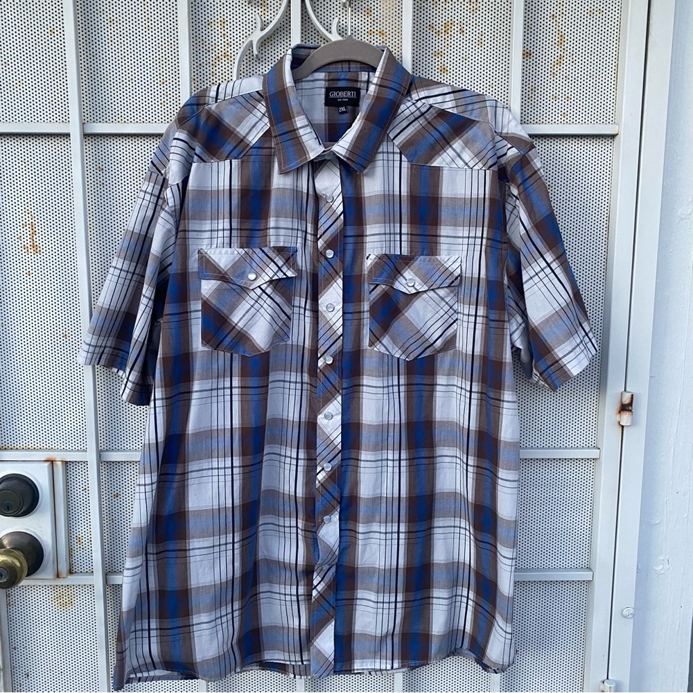 Gioberti mens 2XL short sleeve western white pearl snap-up plaid western shirt